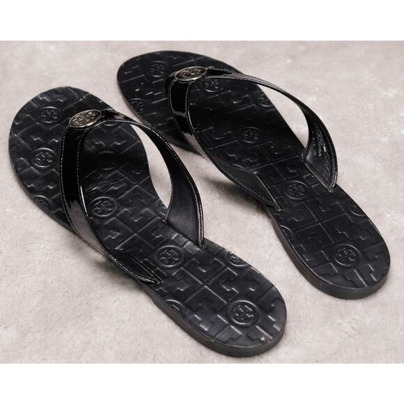 Tory Burch Thora Black Patent Leather Thong Sandals Womens Size 9 Silver Logo - Picture 16 of 16